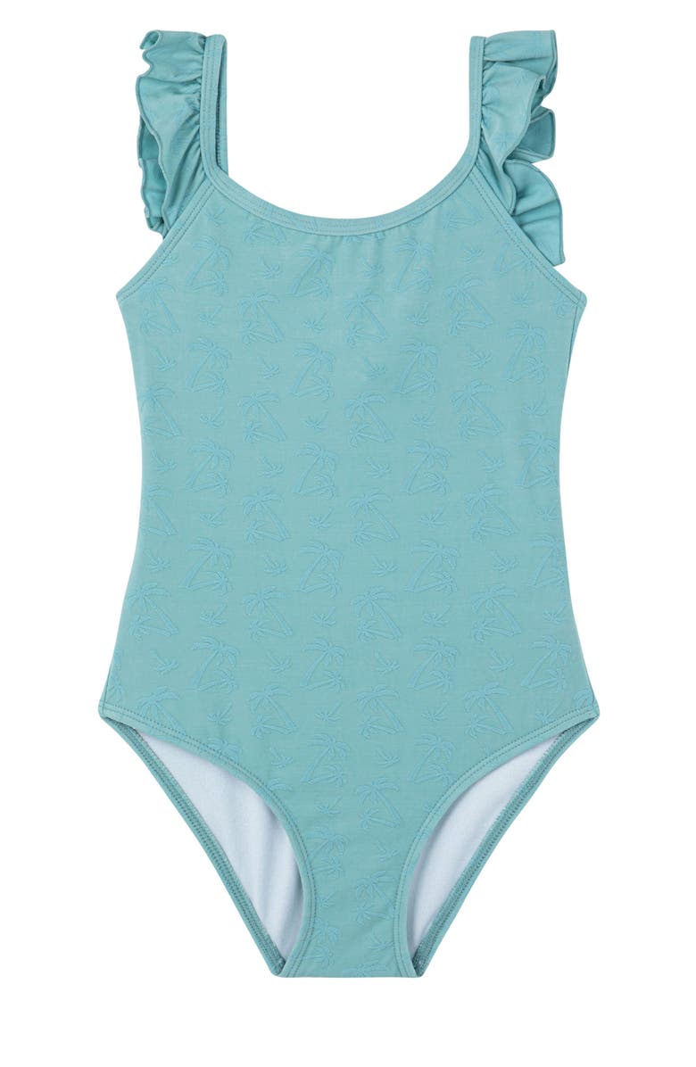 Gottex Kids Palm Party Textured Square Neck Ruffle One Piece, Main, color, Green