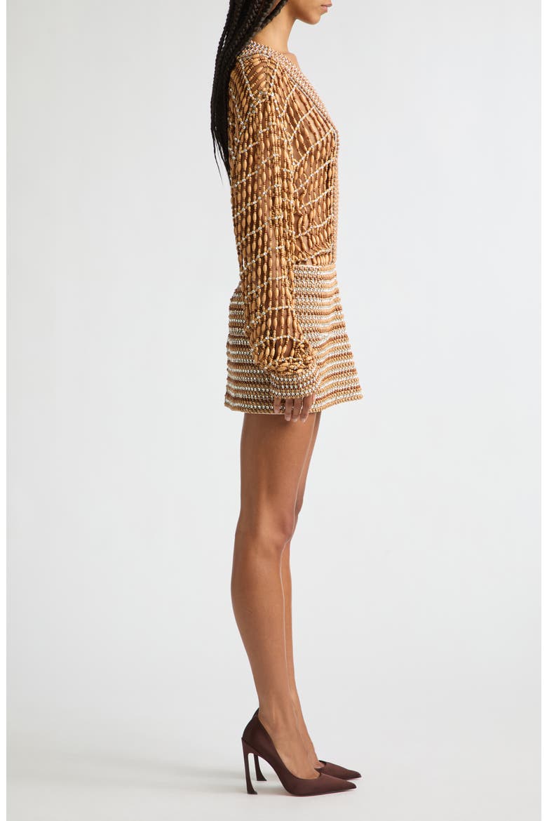 Beaded Long Sleeve Plunge Neck Minidress, Alternate, color, NATURAL/ CLEAR
