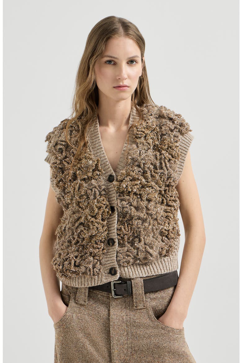 Handmade Dazzling blossom OPERA knit vest in soft virgin wool and cashmere, Main, color, Light Brown