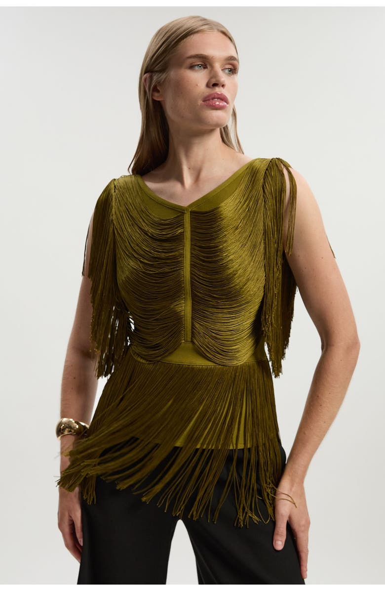 Karen Millen Draped Fringe Knitted Top, Main, color, Olive