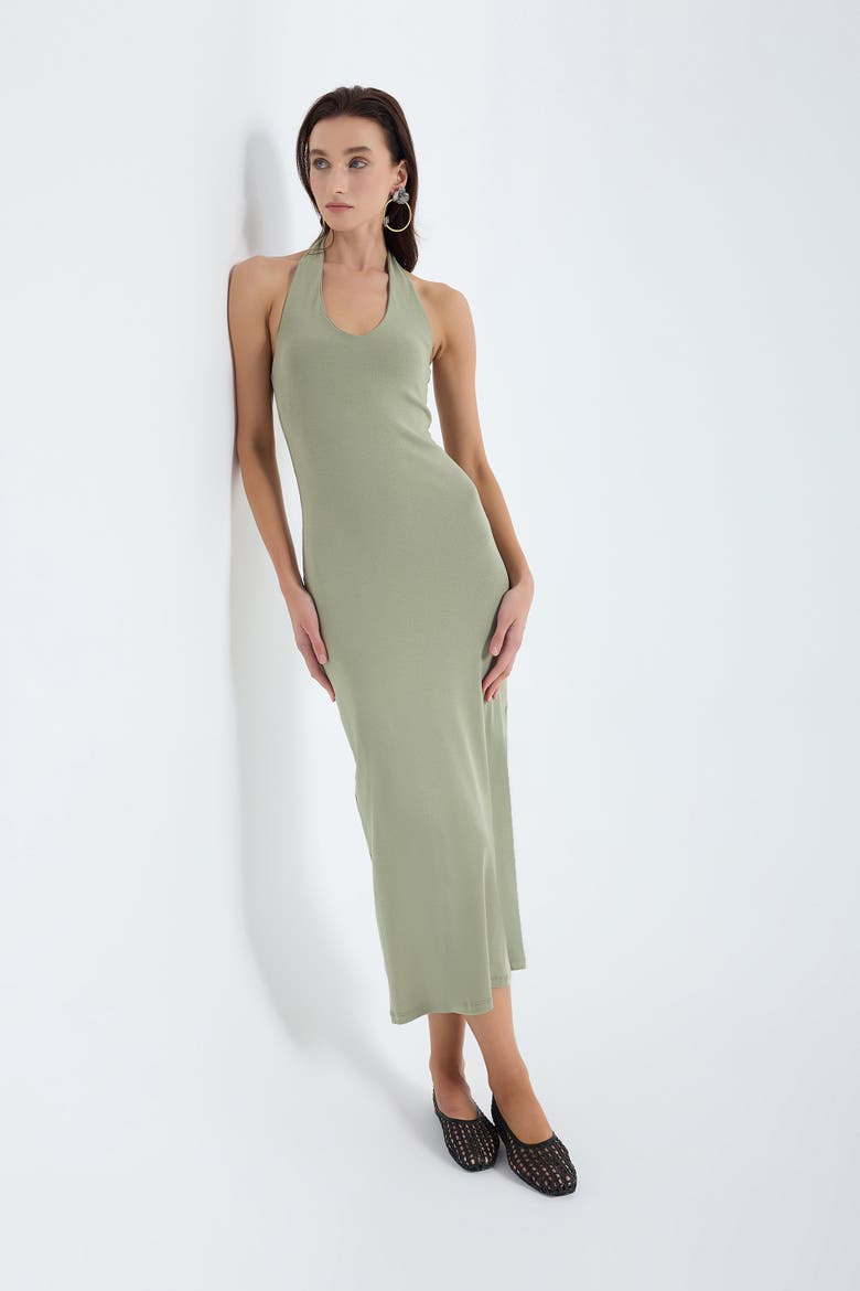 Orion Halter Neck Cotton Bodycon Midi Dress, Alternate, color, Dusty Olive