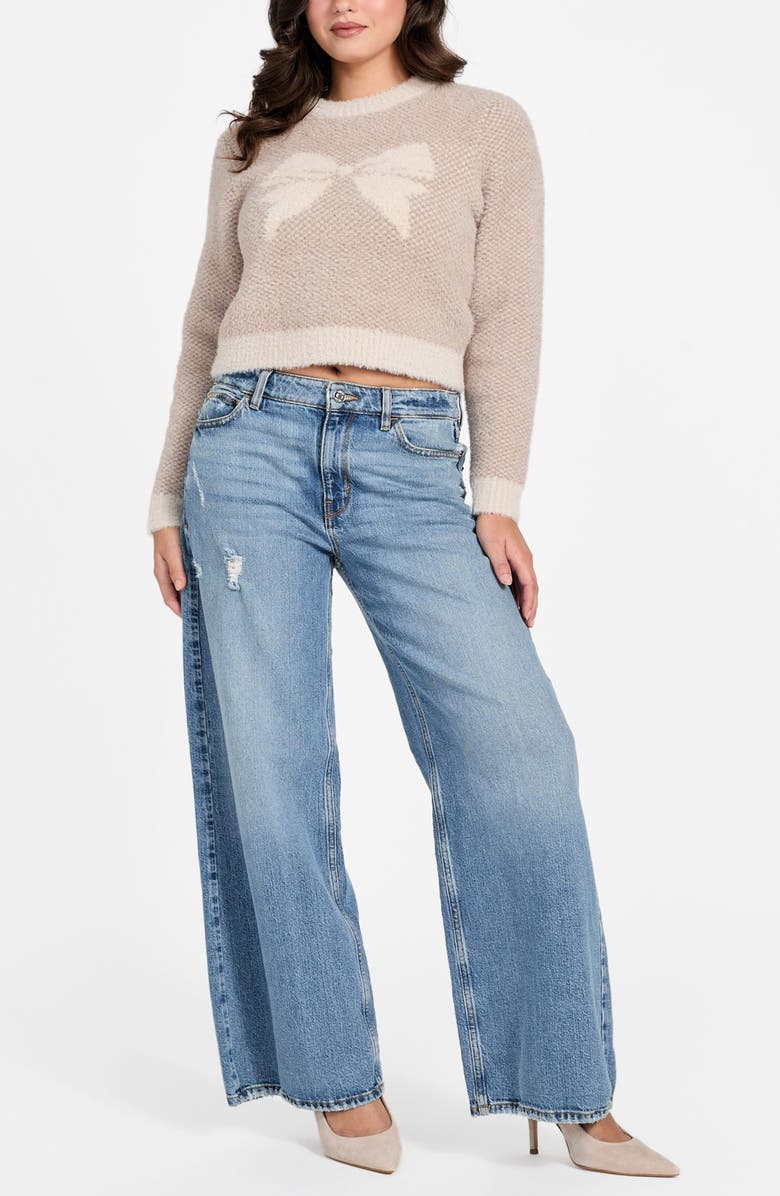 GUESS Bow Jacquard Crop Sweater, Alternate, color, Beige