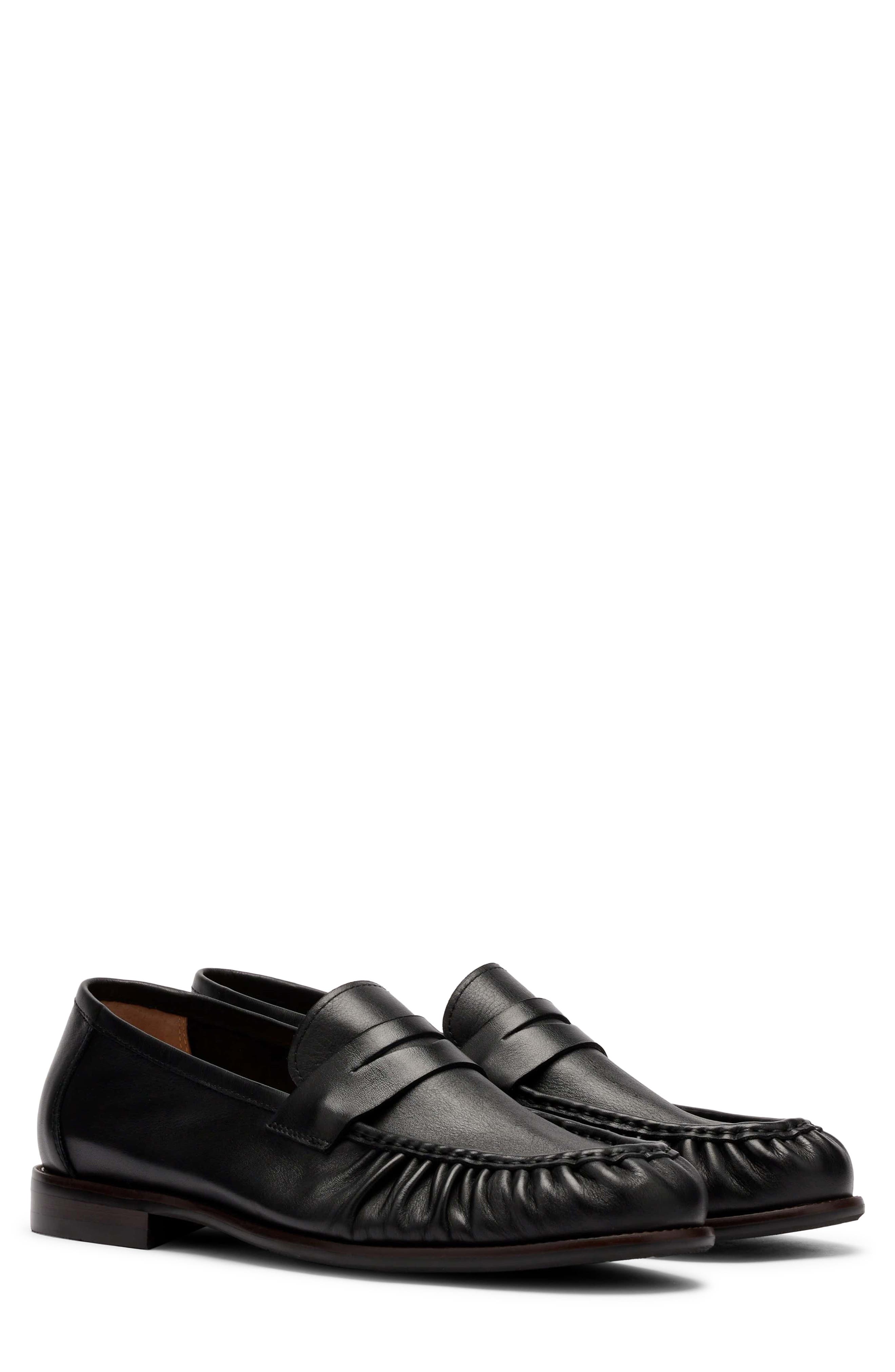 Kennedy Pleated Leather Penny Loafer, Main, color, BLACK
