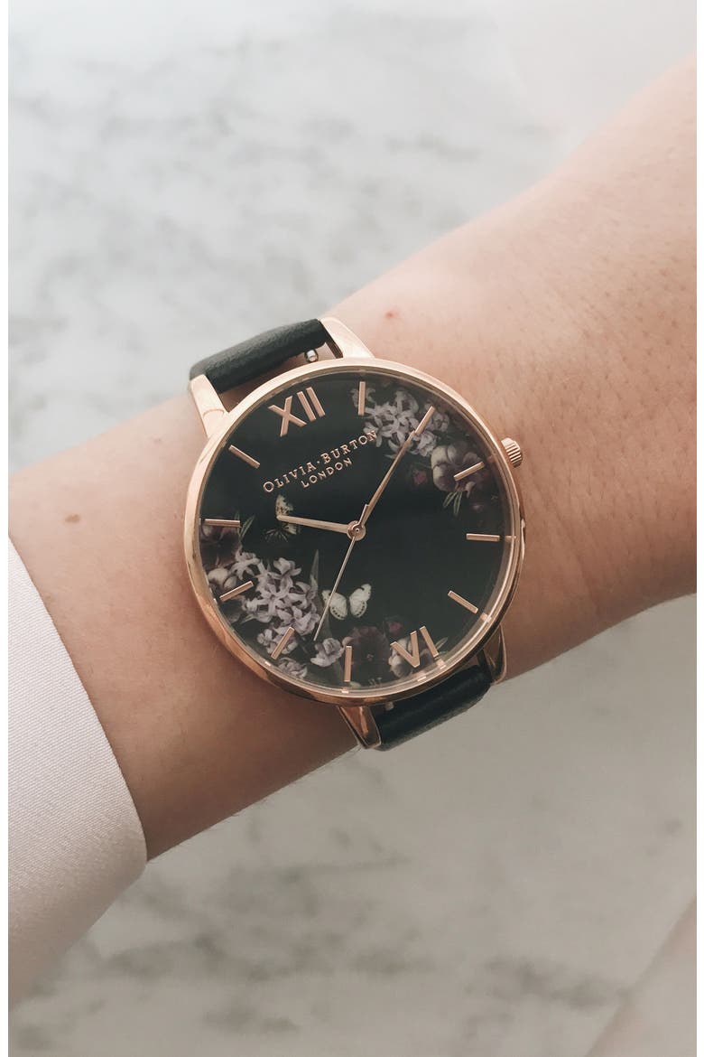 Enchanted Garden Leather Strap Watch, 38mm, Alternate, color, BLACK/ FLORAL/ ROSE GOLD