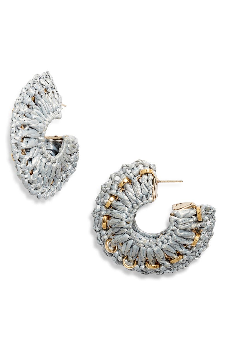 Gas Bijoux Crocus Raffia Straw Hoop Earrings, Main, color, Grey