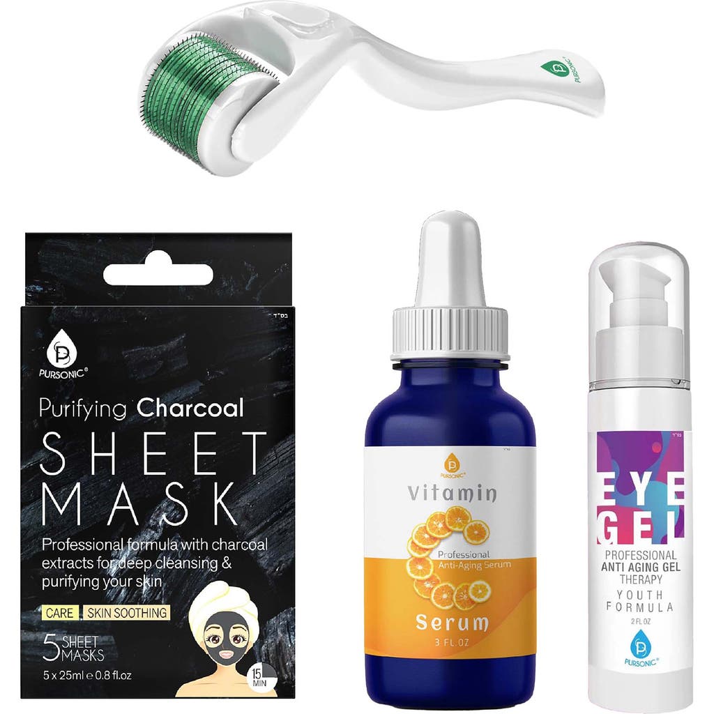 Pursonic Radiance Boost Bundle Derma Roller, Vitamin C Serum, Anti Aging Eye Gel & Charcoal Mask 4 S In Multicolor