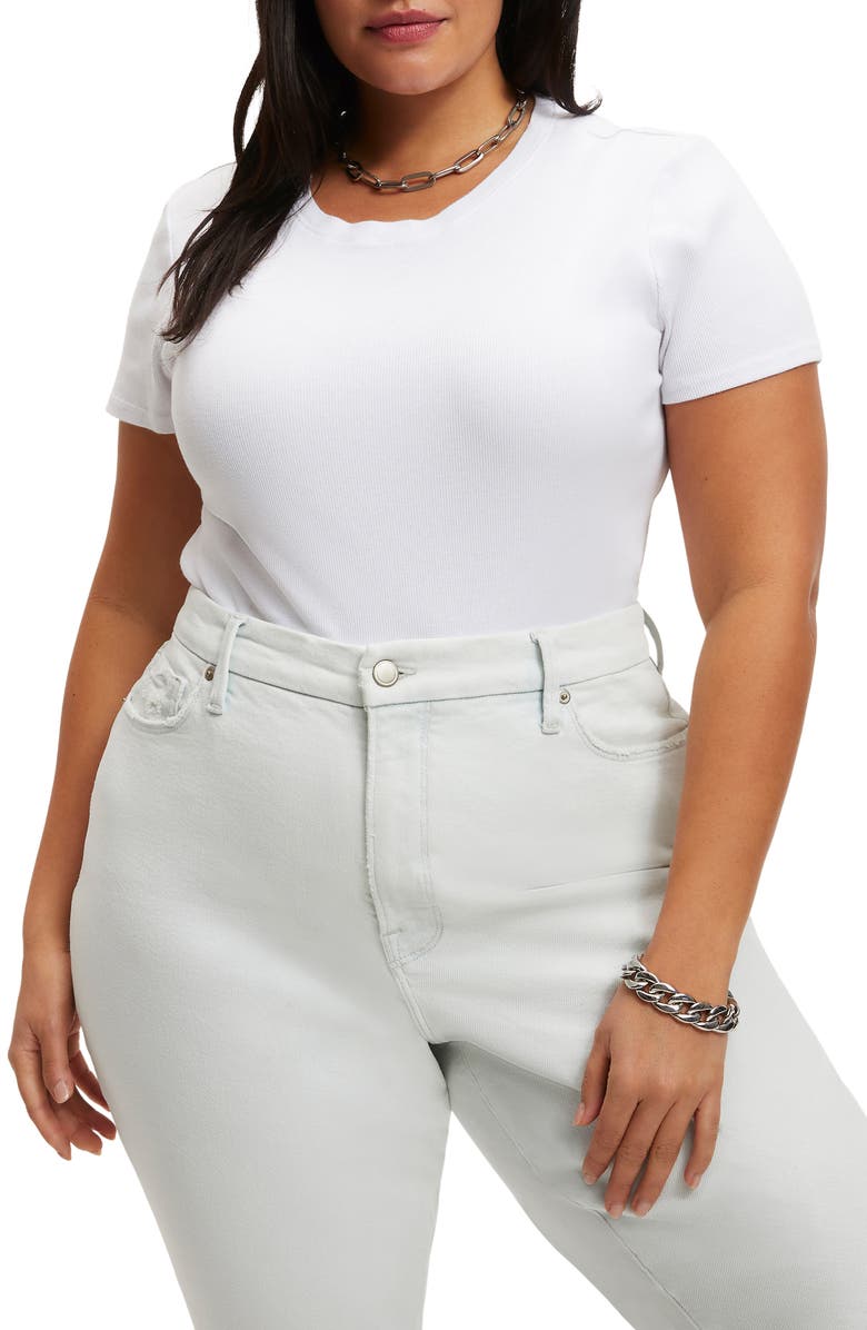 Good American Rib Short Sleeve Stretch Cotton Bodysuit, Alternate, color, White001