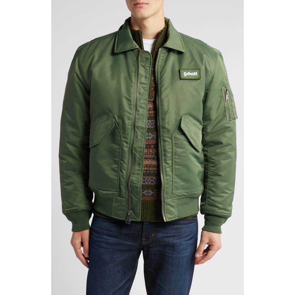 Schott NYC Water Resistant Satin Flight Jacket in Sage