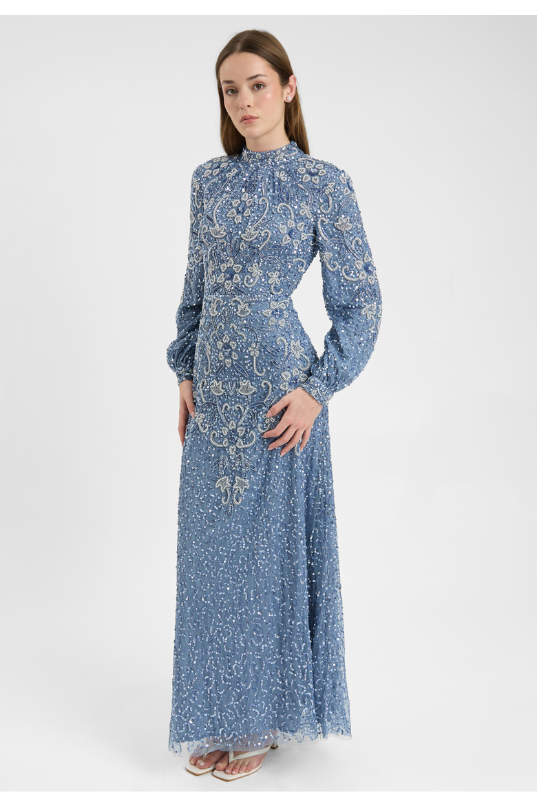 Modest Embellished Sequin Beaded Dress Maxi With Cuff Sleeves, Alternate, color, POWDER BLUE