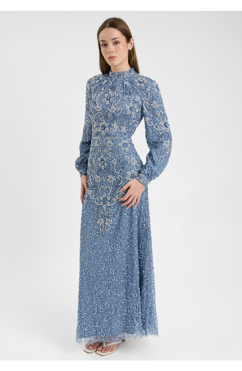 MARYISA Modest Embellished Sequin Beaded Dress Maxi With Cuff Sleeves, Alternate, color, Powder Blue