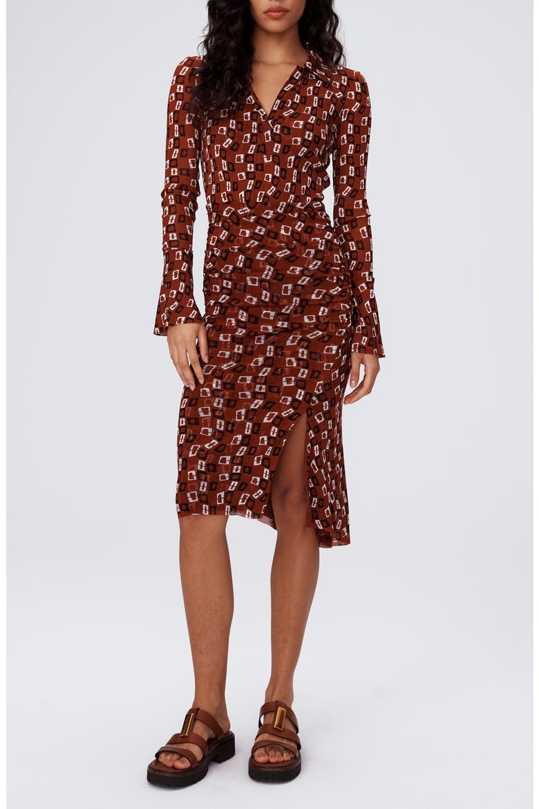 Lilly Geo Print Long Sleeve Mesh Dress, Main, color, CHAIN SPOTS BROWN SM