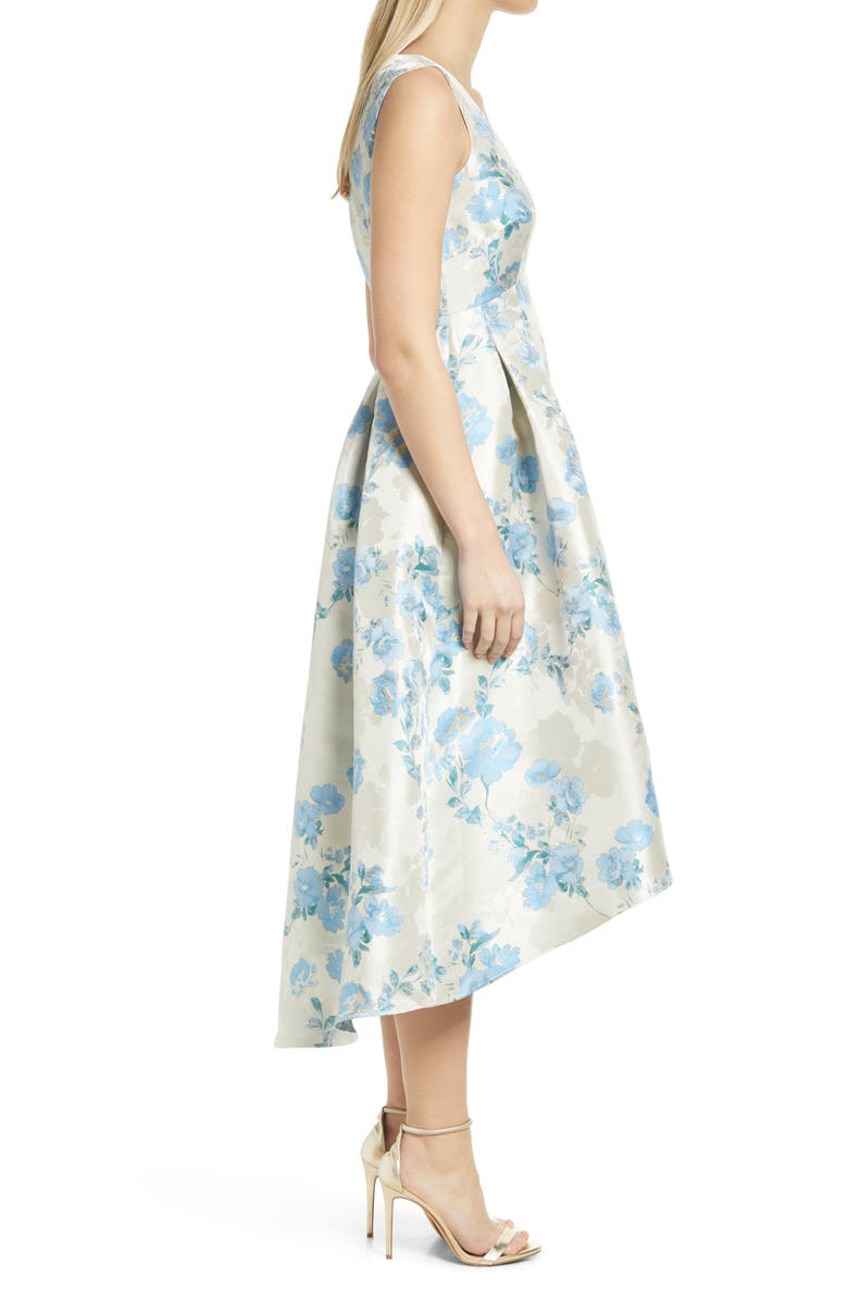 Eliza J Metallic Floral Print High-Low Cocktail Dress, Alternate, color, 