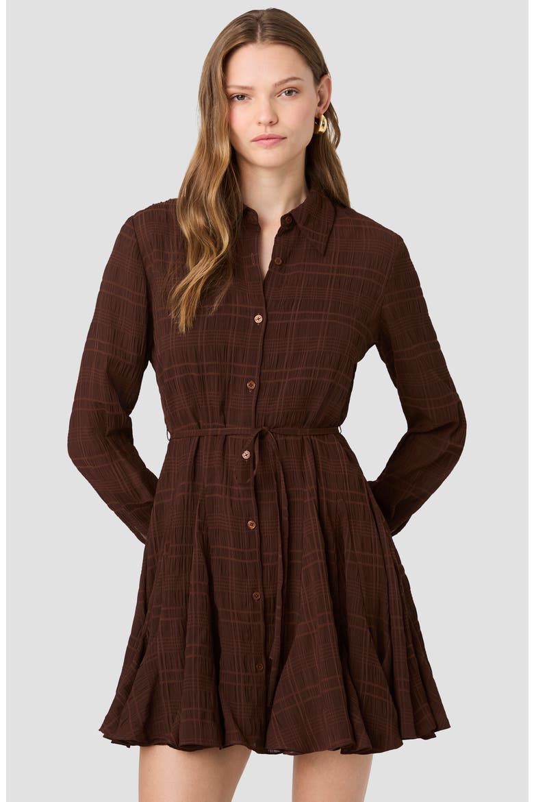 Textured Plaid Long Sleeve Chiffon Shirtdress, Alternate, color, COCOA BROWN