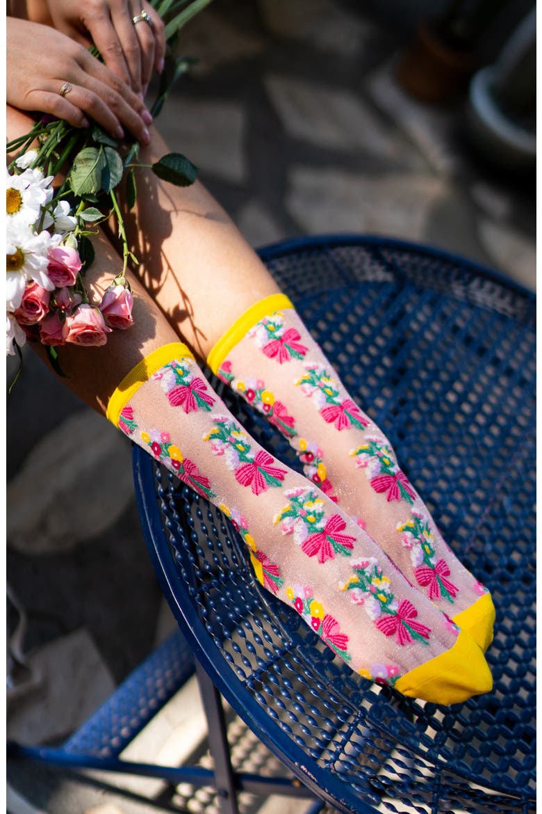 Petals & Preserves Metallic Sheer Crew Socks, Alternate, color, PINK/ MULTI