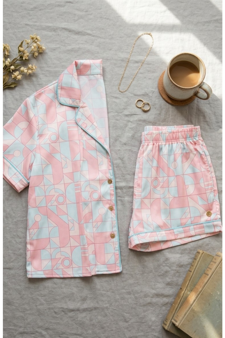 Silky Datin Piped Short Pajama Set, Alternate, color, Sky Blue