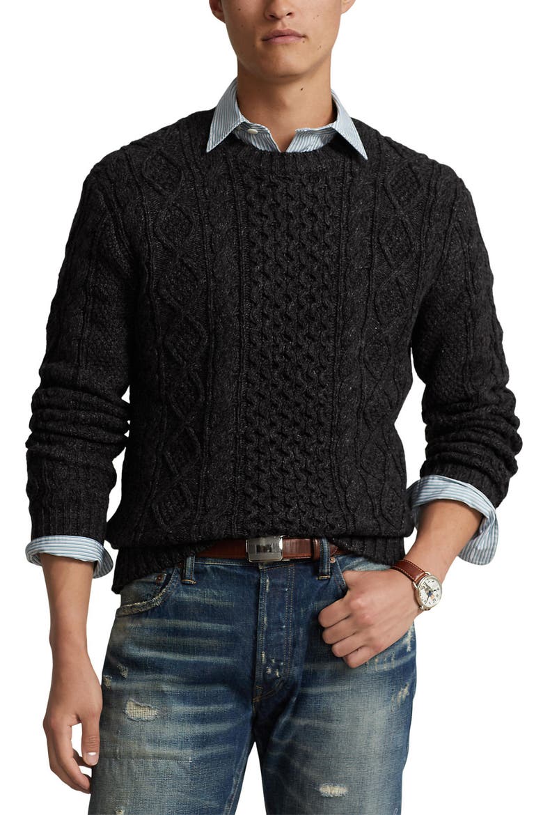 Cotton Fisherman Sweater, Main, color, CHARCOAL MARL
