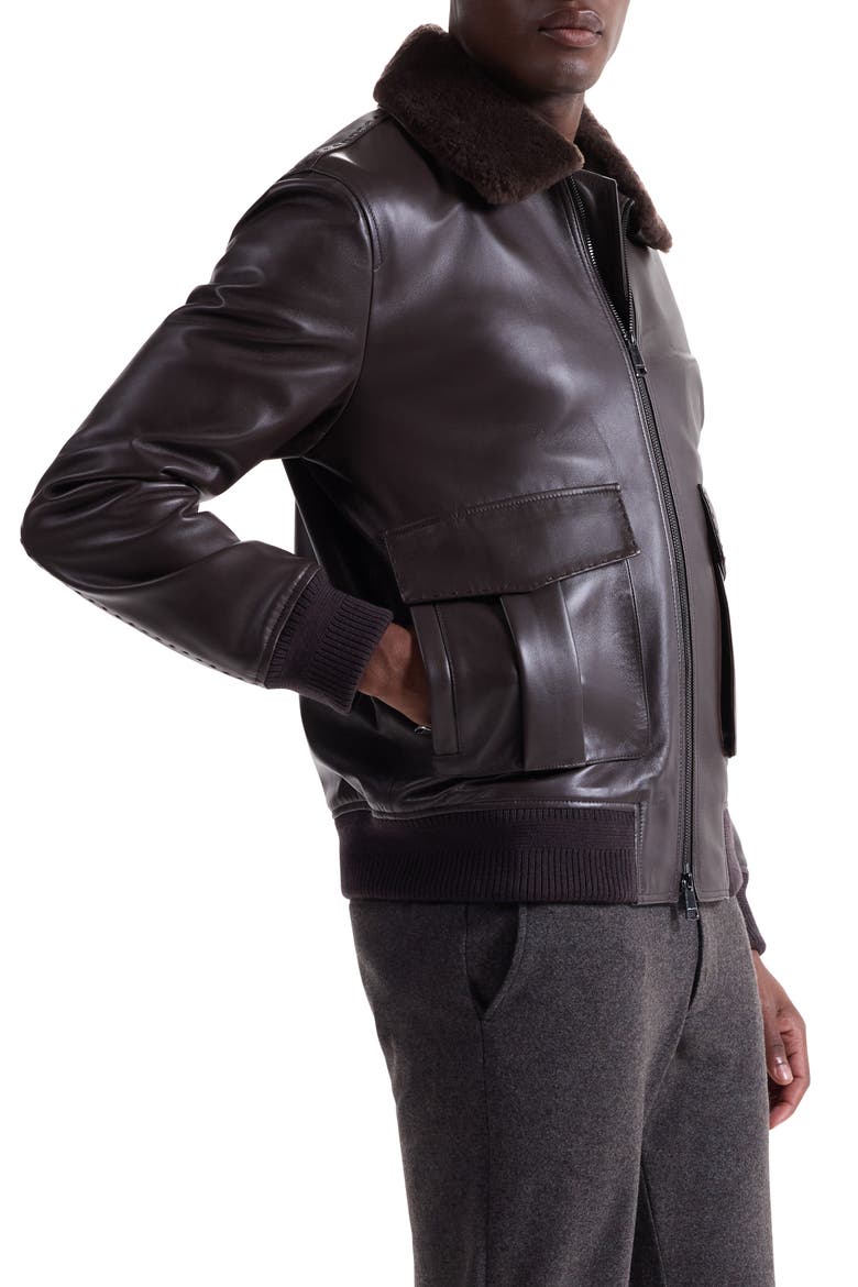 Leather Bomber Jacket with Removable Genuine Shearling Collar, Alternate, color, TRUFFLE