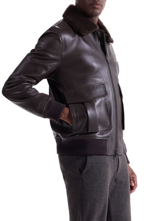 Bugatchi Leather Bomber Jacket With Removable Genuine Shearling Collar In Brown