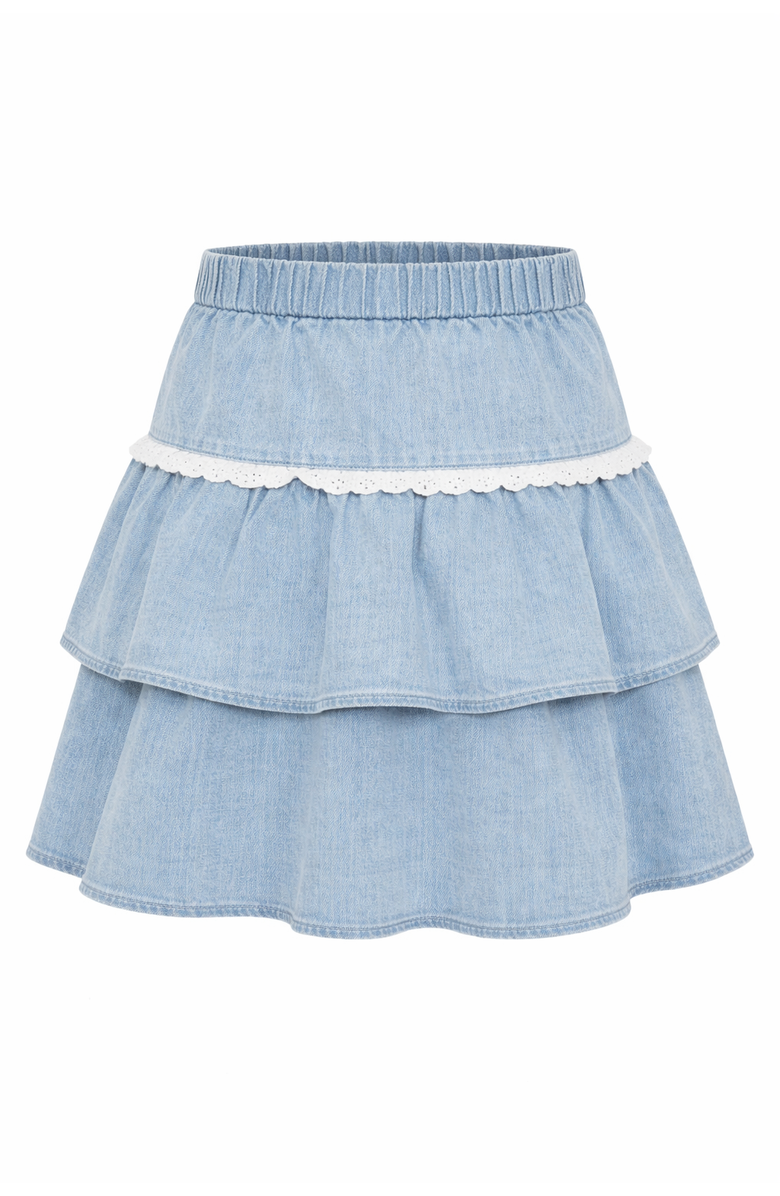Jolie Capri Denim Cotton Eyelet Lace Trim Tiered Skirt, Main, color, Light Denim