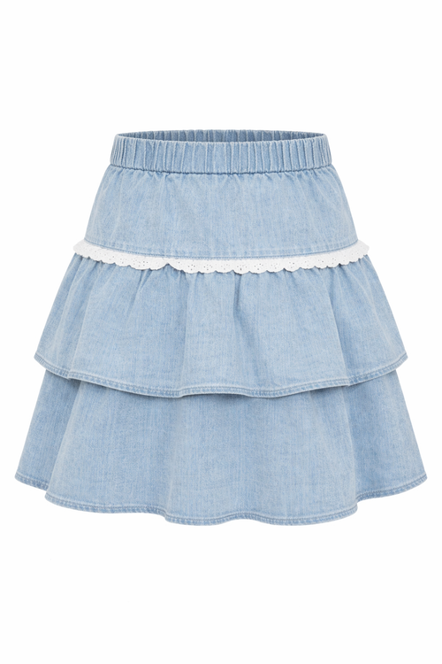Jolie Capri Kids'  Denim Cotton Eyelet Lace Trim Tiered Skirt In Blue