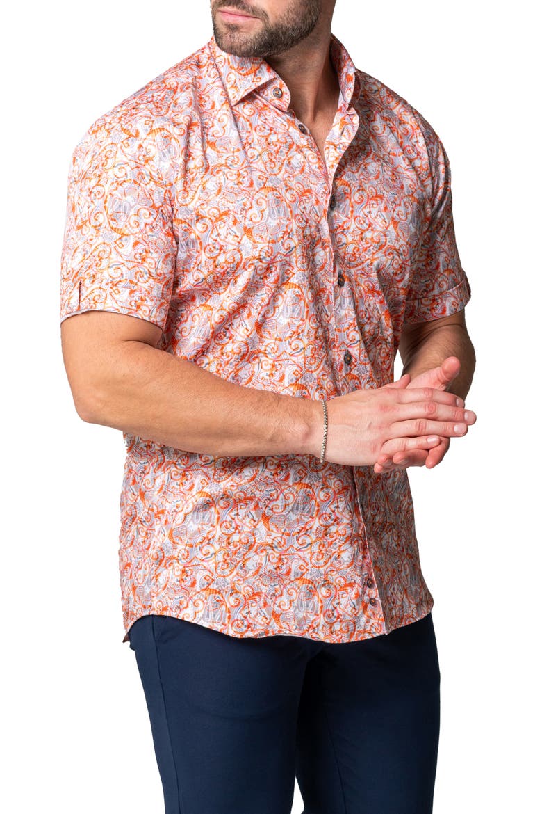 Galileo Geometric Short Sleeve Cotton Button-Up Shirt, Alternate, color, ORANGE
