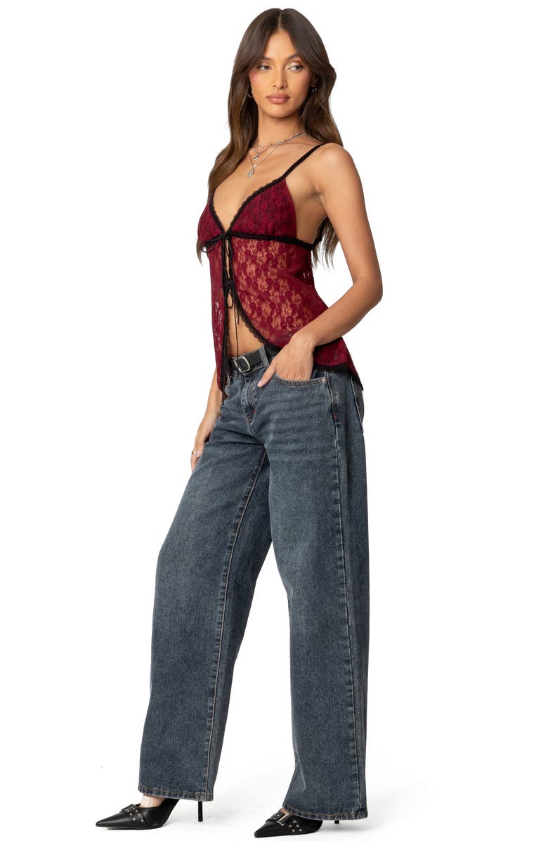 EDIKTED Maude Split Tie Front Lace Camisole, Alternate, color, Burgundy