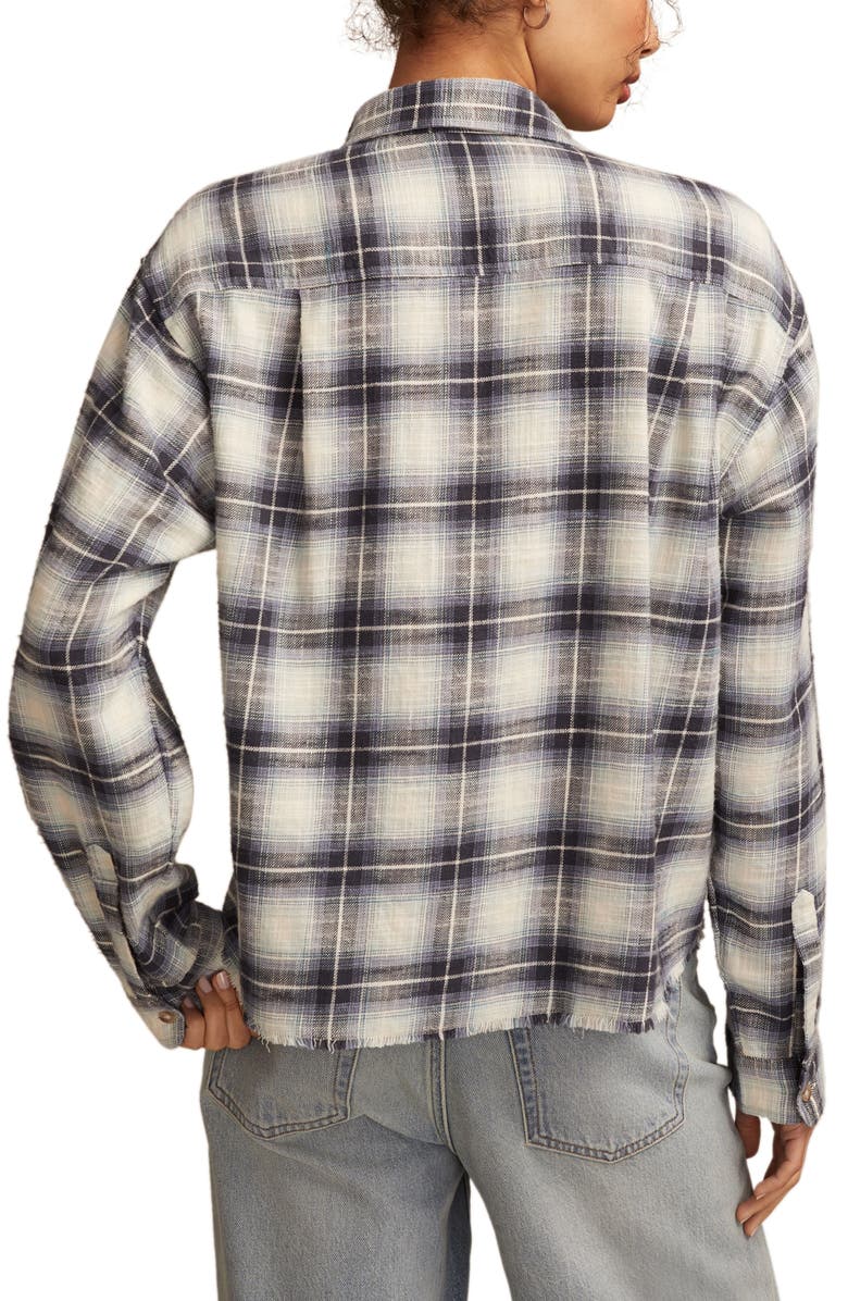Lucky Brand Plaid Cotton Cropped Raw Hem Button-Up Shirt, Alternate, color, Navy Blue Plaid