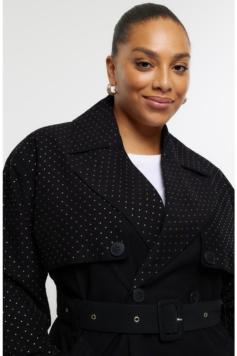 Belted Studded Longline Trench Coat, Alternate, color, BLACK