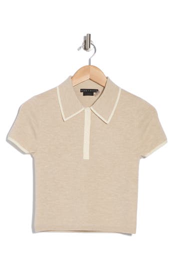 Alice And Olivia Alice + Olivia Meda Cropped Stretch-wool Polo Shirt In Oatmeal Heather/soft White