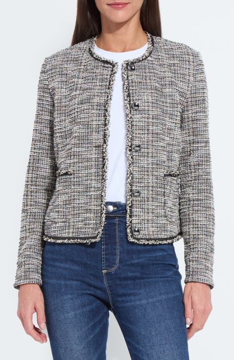 Collarless Stretch Tweed Jacket