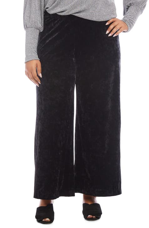 Plus Size Velvet Ruffle Hem Wide Leg Pants