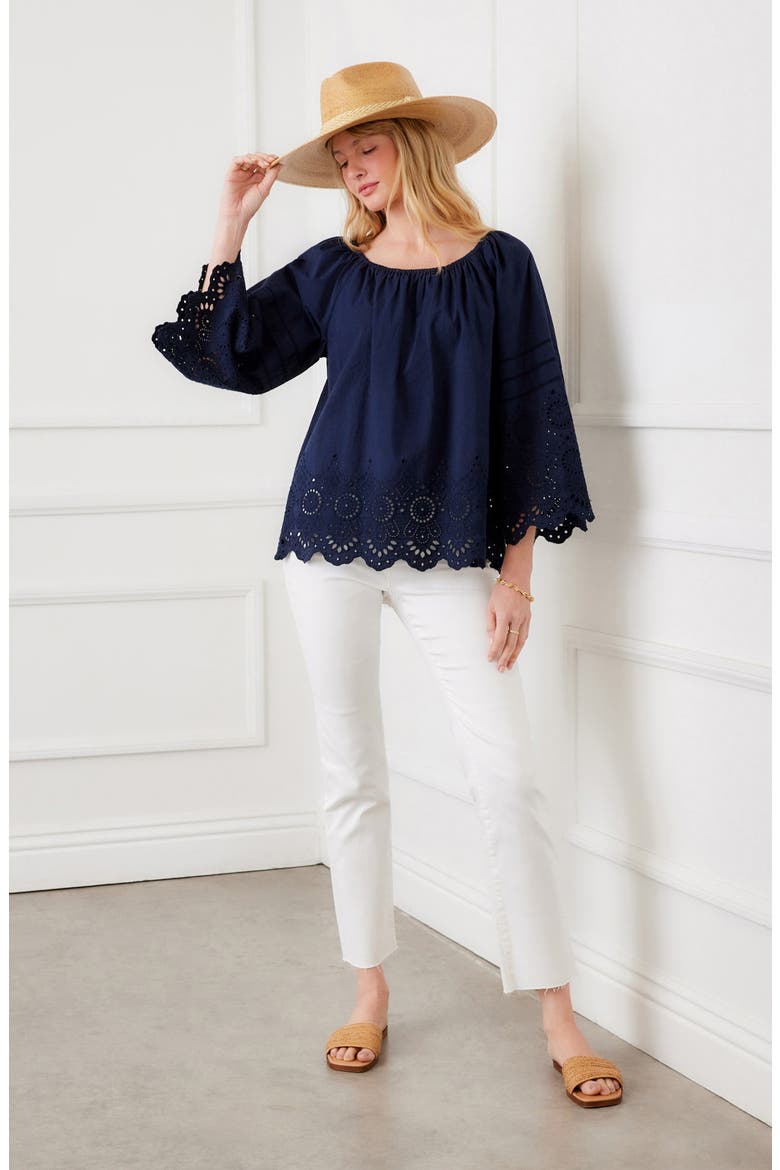 Eyelet Embroidery Peasant Top, Alternate, color, NAVY