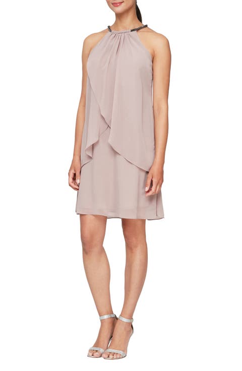 Embellished Neck Chiffon Ruffle Dress