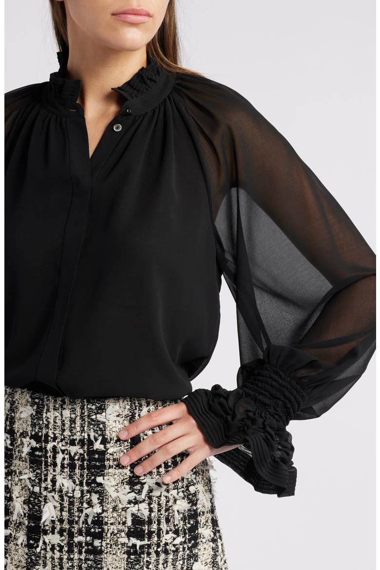 Effie Shirred Ruffle Neck Chiffon Top, Alternate, color, BLACK