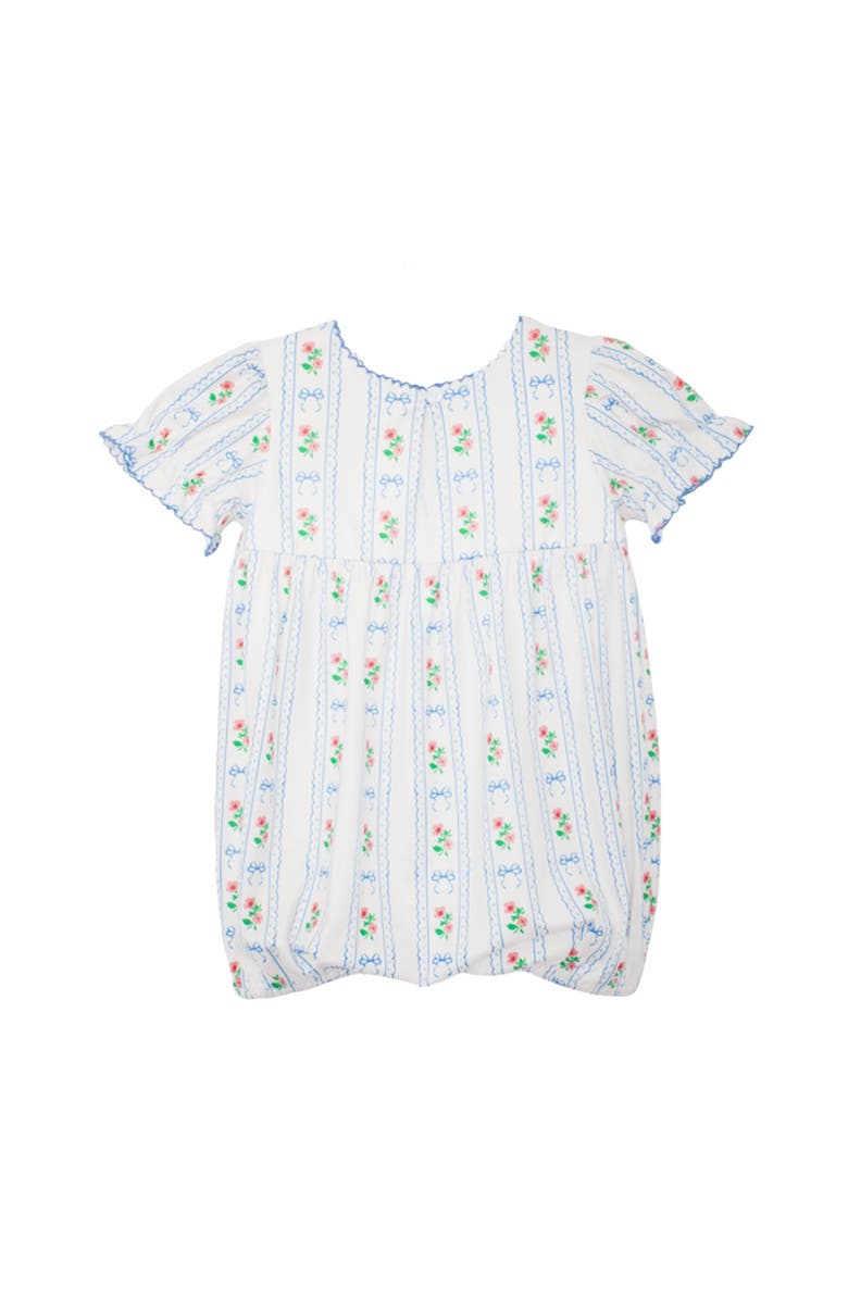 Mabel + Honey Blooms and Bows Short Gathered Ruffle Sleeve Romper, Alternate, color, Blue
