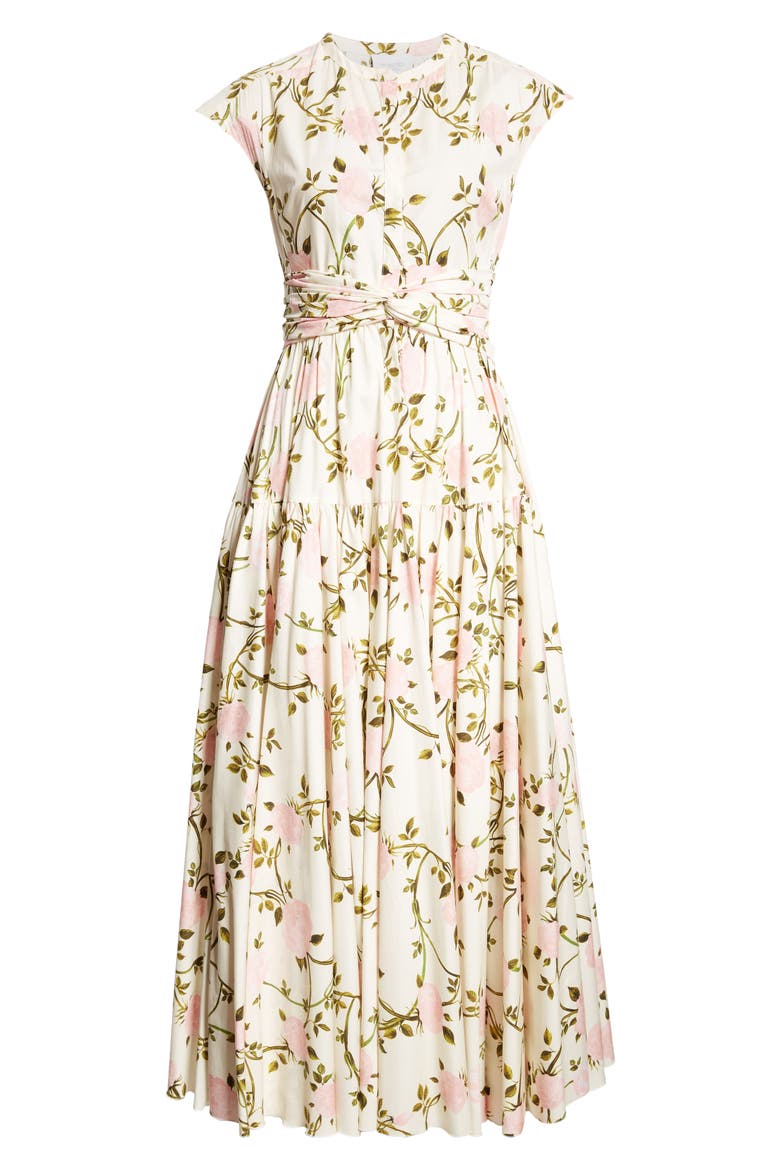Rose Print Gathered Waist Midi Dress, Alternate, color, IVORY/ MULTI