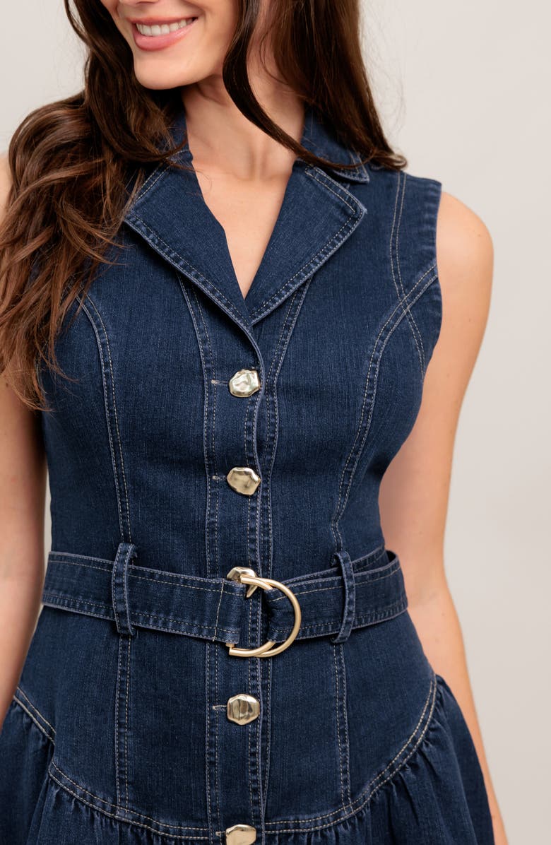 FLYING TOMATO Belted Sleeveless Denim Minidress, Alternate, color, Medium Indigo