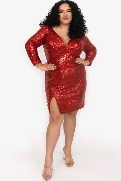 Long Sleeve Sequin V-Neck Plus Size Party Dress