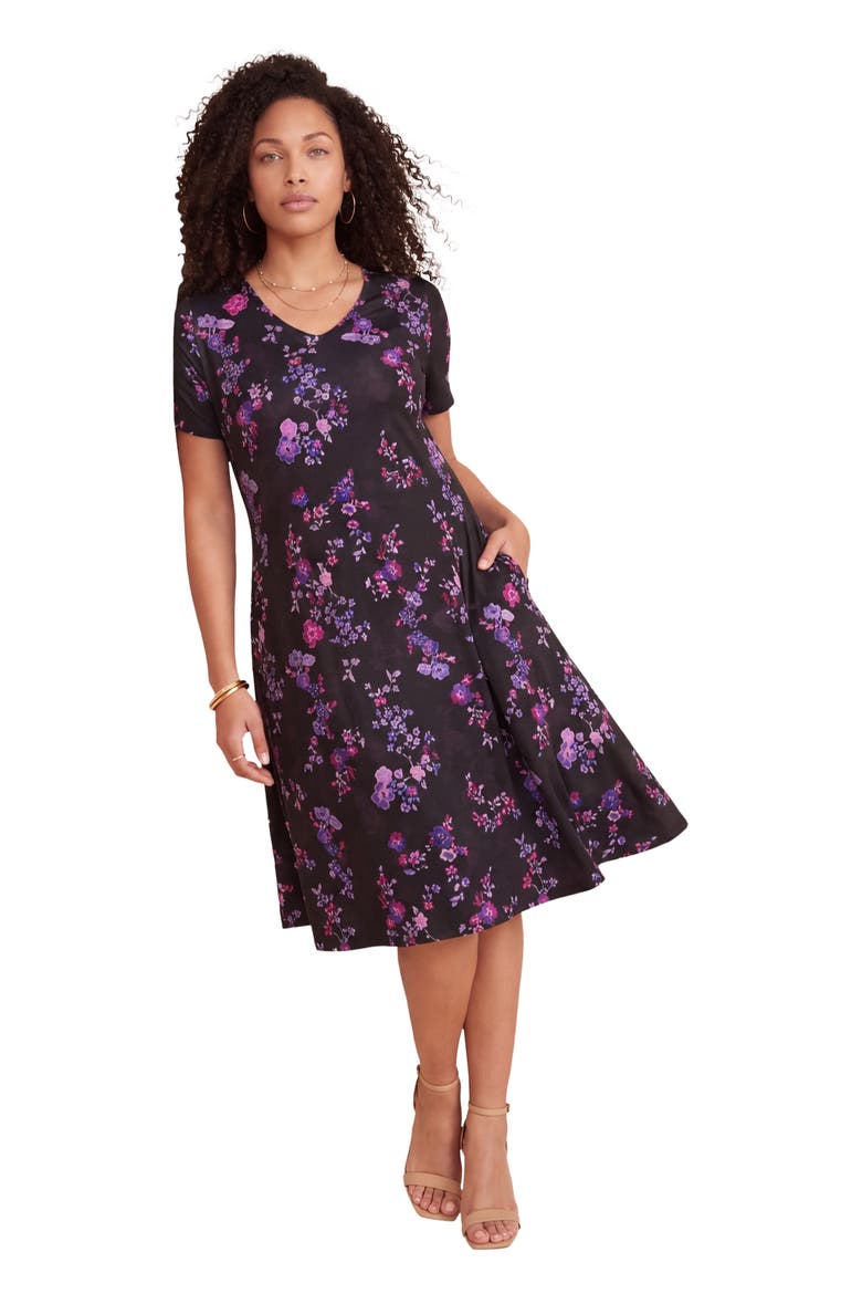 Plus Size Stretch Knit Pocket Swing Dress, Main, color, VIOLET PANSY FLORAL