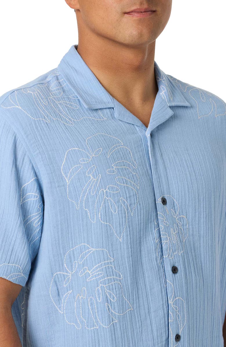 O'Neill Pipeline Rodeo Monstera Embroidered Gauze Camp Shirt, Alternate, color, Blue Glass