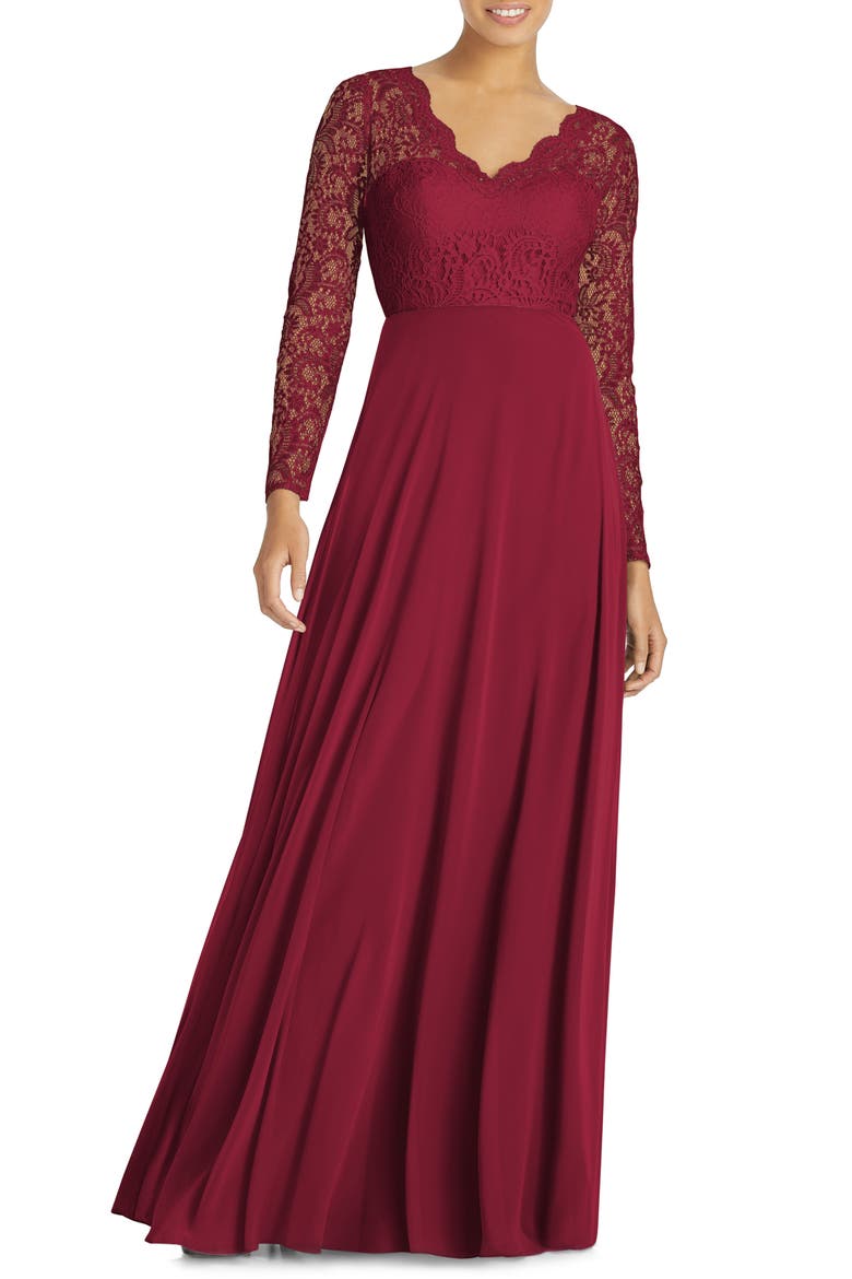 Long Sleeve Lace & Chiffon A-Line Gown, Main, color, BURGUNDY
