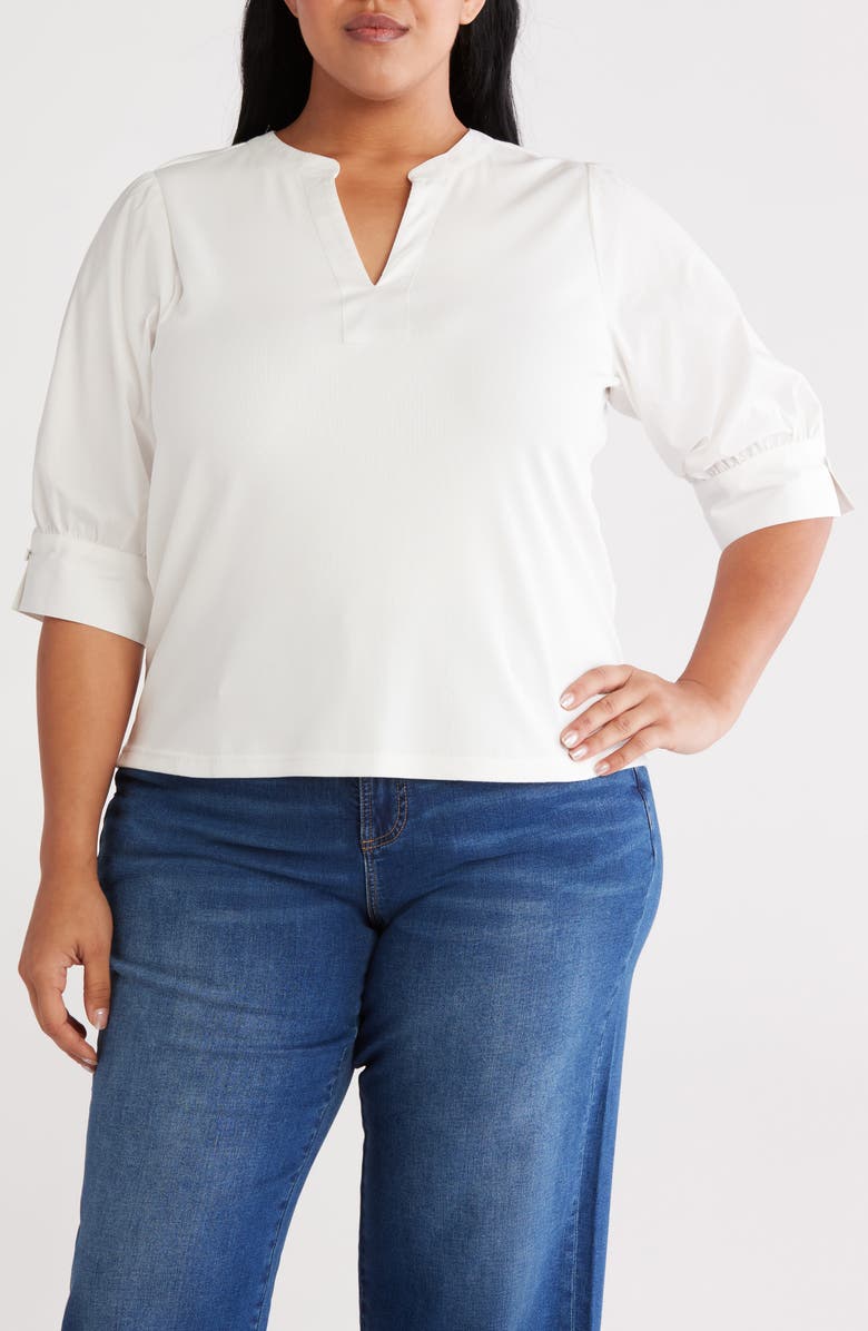 Wit & Wisdom Mixed Media Puff Sleeve Top, Main, color, Off White