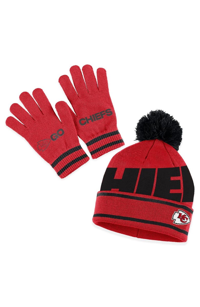 WEAR by Erin Andrews Women's WEAR by Erin Andrews Red Kansas City Chiefs Double Jacquard Cuffed Knit Hat with Pom and Gloves Set, Main, color,