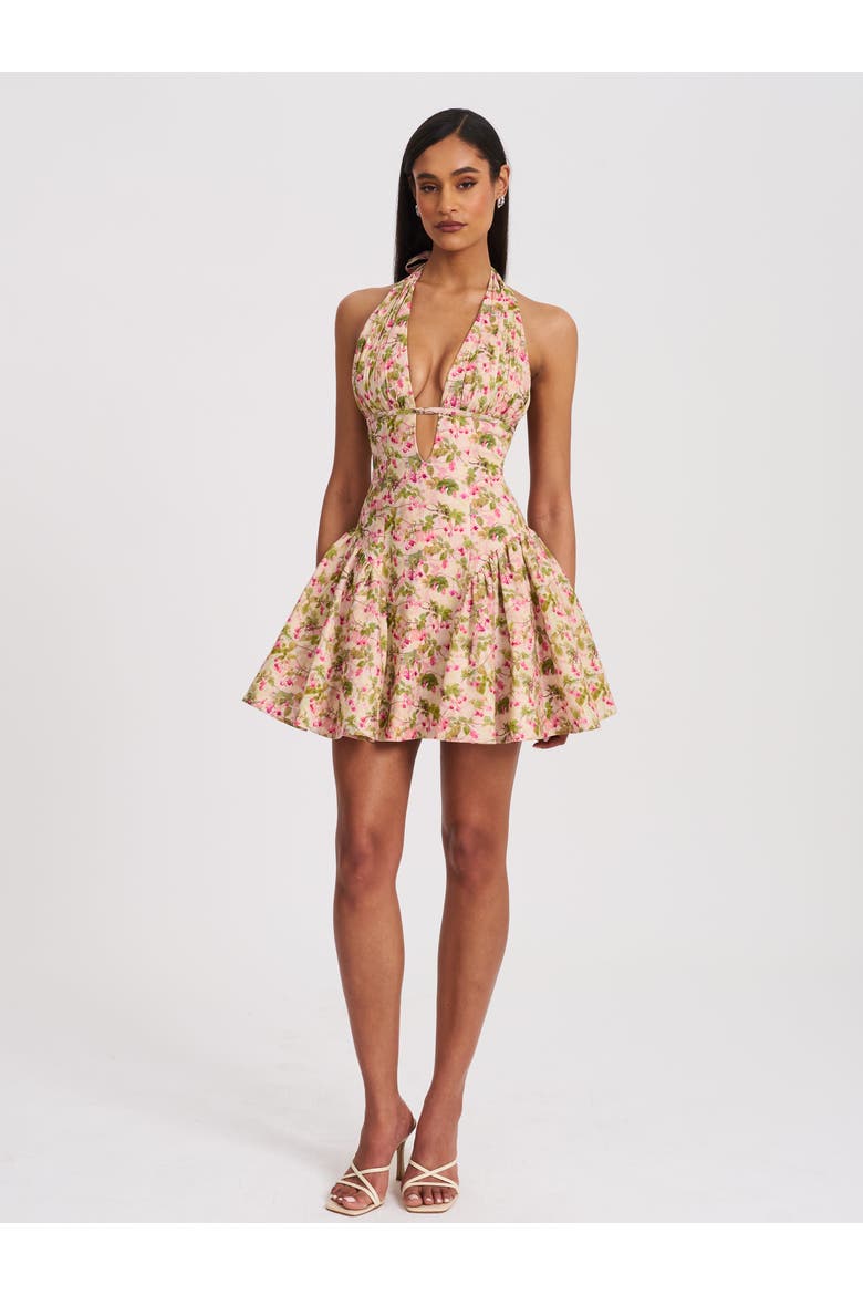 Mackenzie Floral Print Halter Linen Mini Dress, Alternate, color, Pink and green floral print