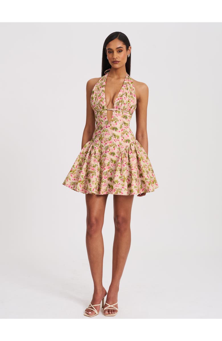 Miss Circle Mackenzie Floral Print Halter Linen Mini Dress, Alternate, color, Pink And Green Floral Print