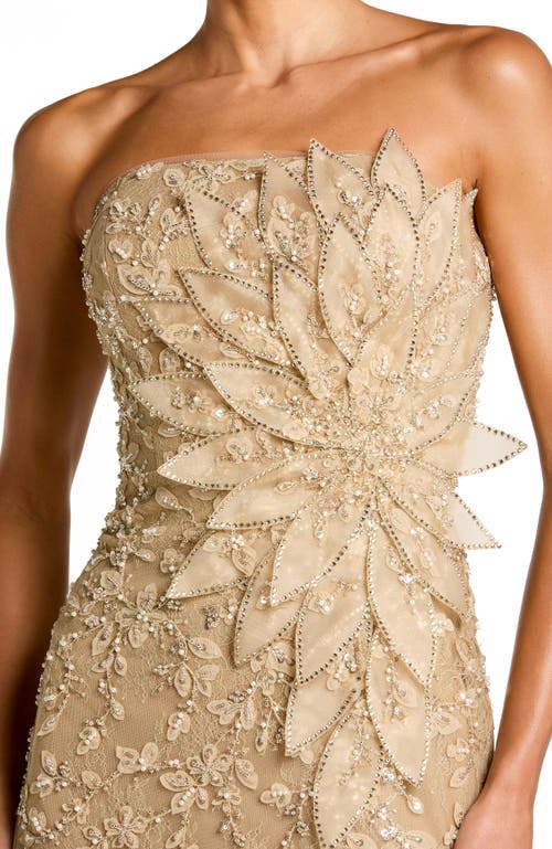 Mac Duggal Beaded Strapless Mermaid Gown With 3d Flowers In Gold