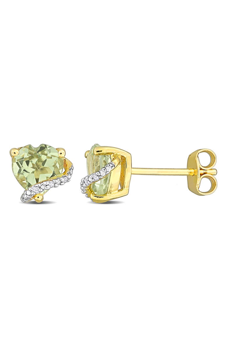 DELMAR 18K Gold Plated Sterling Silver Green Quartz & Diamond Heart Stud Earrings - 0.01ct., Main, color, 