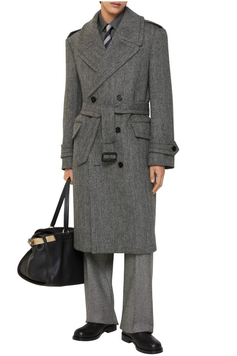 Long Herringbone Wool Trench Coat, Main, color, Coal grey/light thistle grey