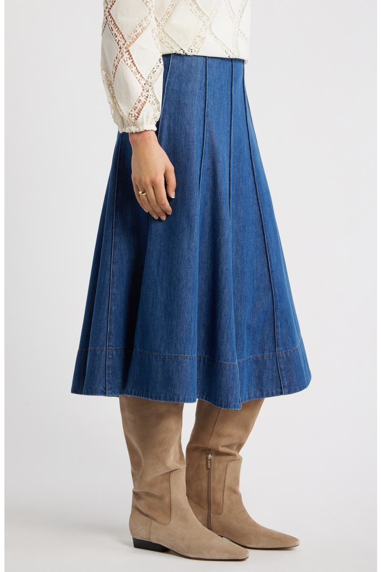 Seamed A-Line Denim Midi Skirt, Alternate, color, DARK WASH