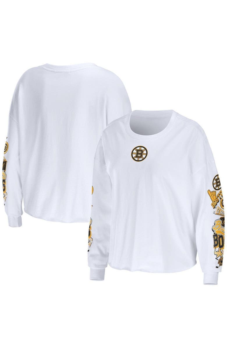 WEAR by Erin Andrews Women's WEAR by Erin Andrews White Boston Bruins Celebration Cropped Long Sleeve T-Shirt, Main, color,